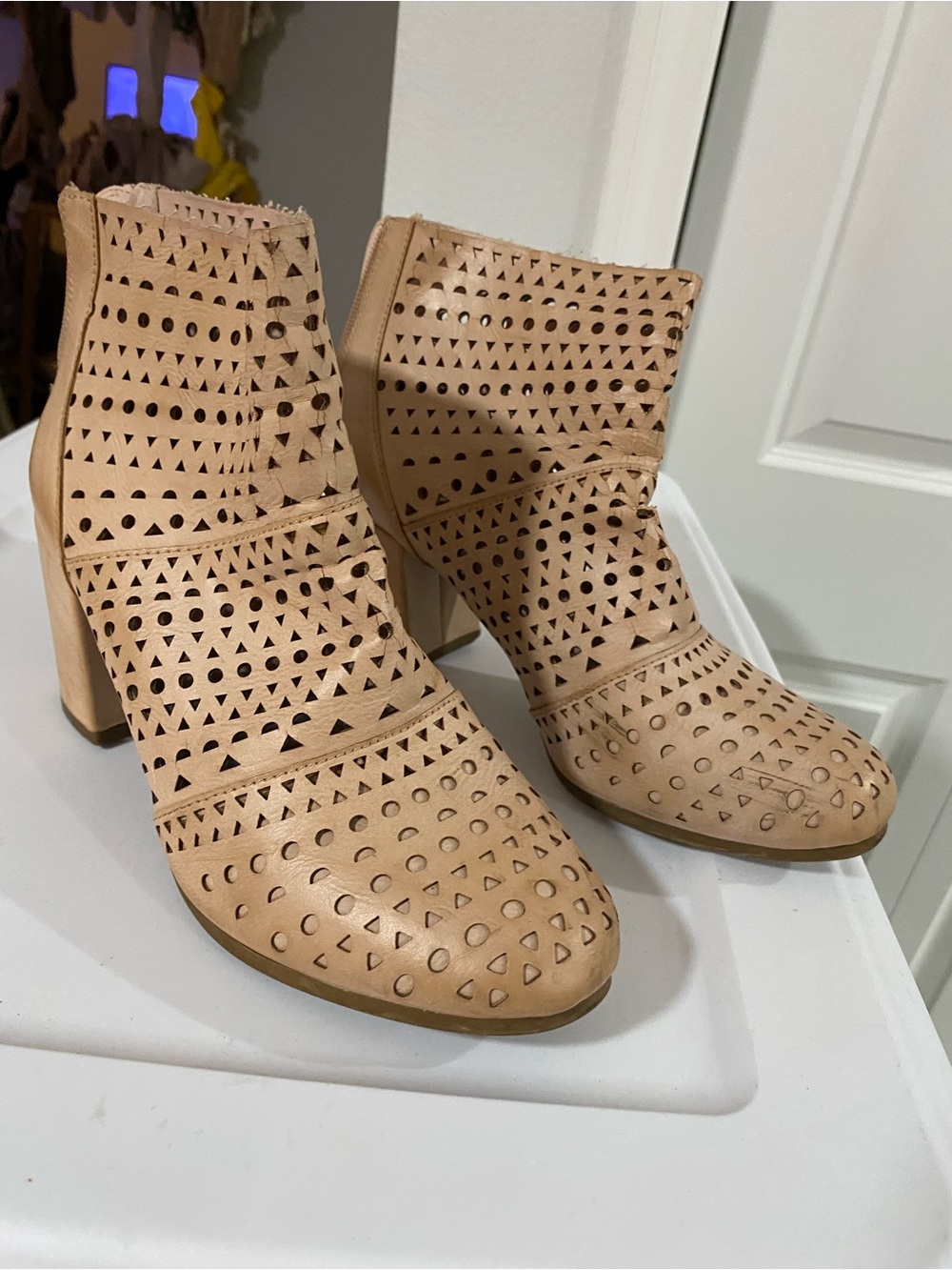 Rampage Beige Laser-Cut Ankle Booties with Block Heel